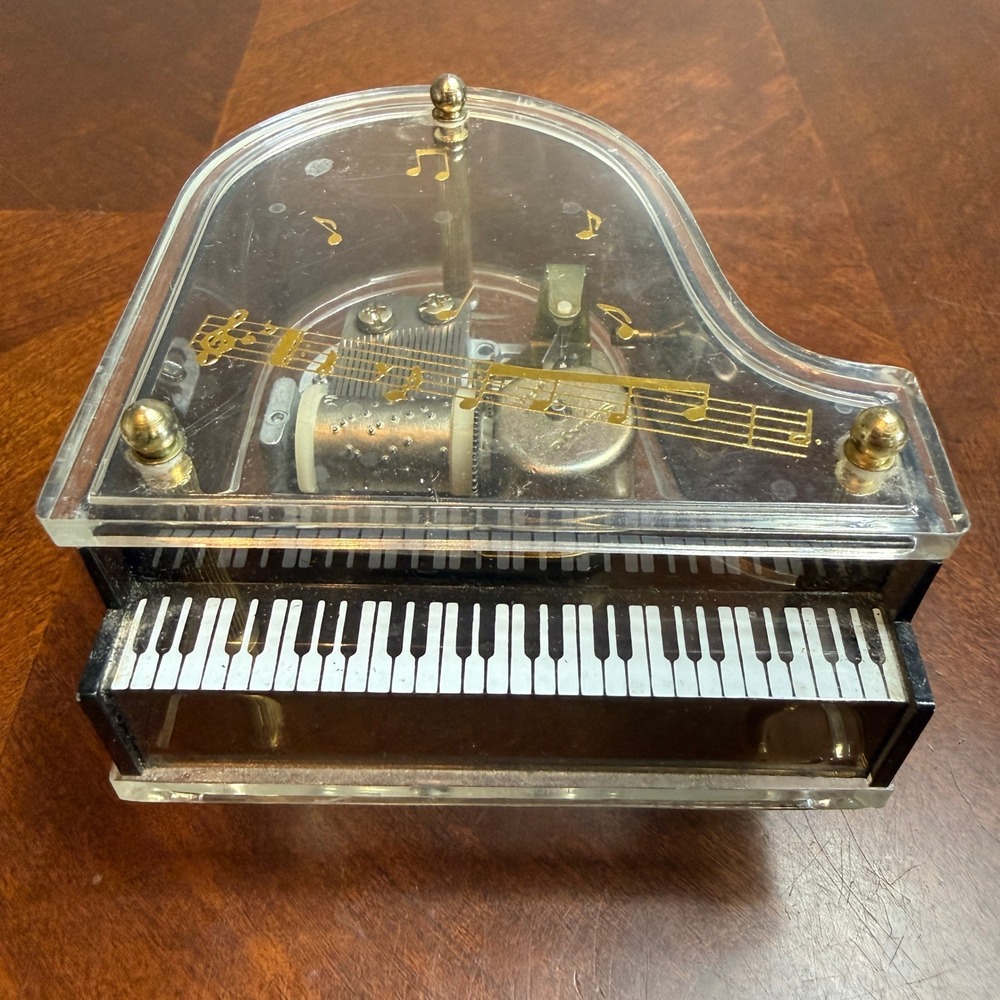 Vintage Sankyo Japan Clear Acrylic Grand Piano Music‎ Box Gold Tone Mechanical